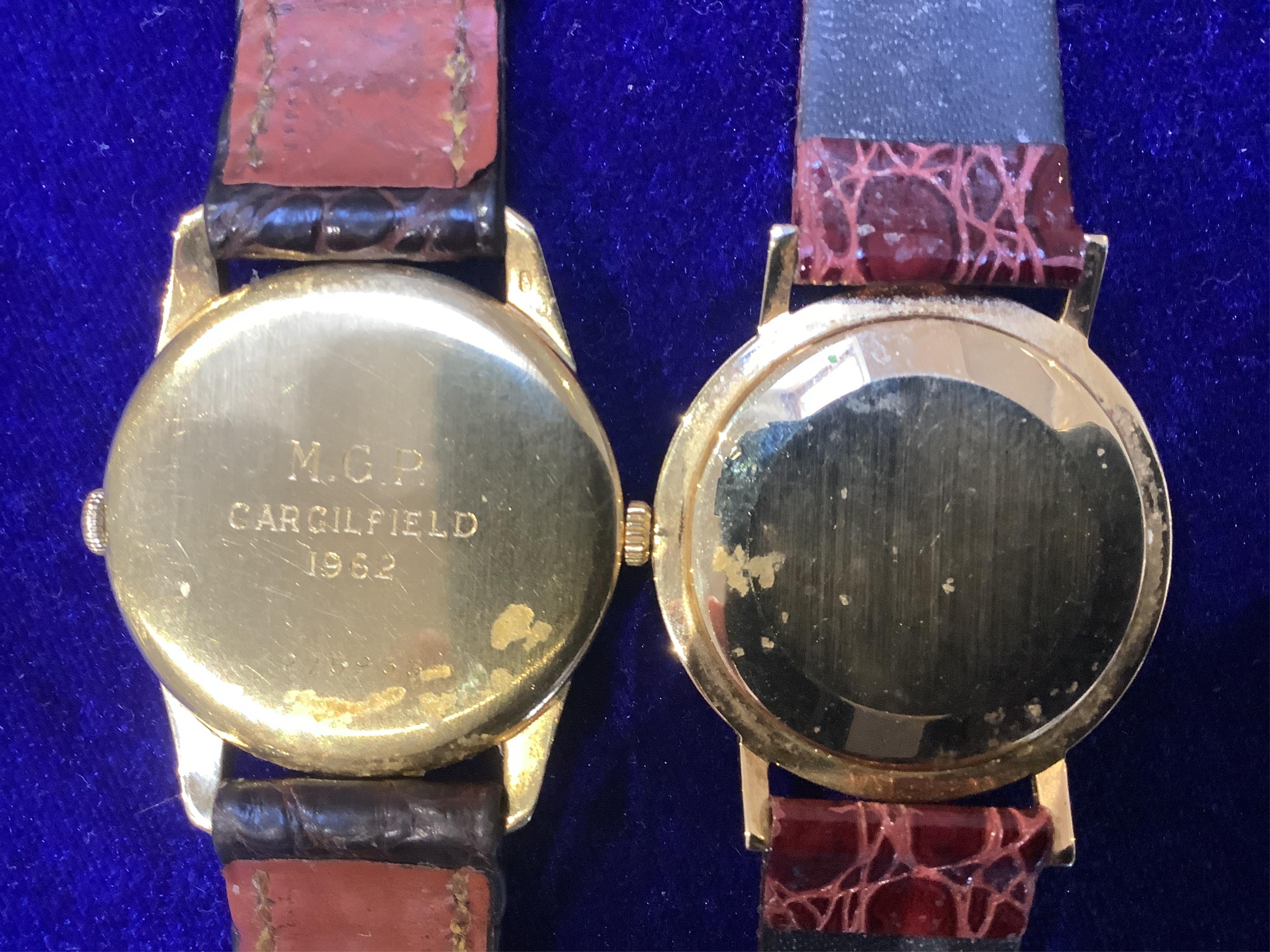 A gentleman's 1960's 18ct? gold Juvenia manual wind wrist watch, on a leather strap and a gentleman's 18ct? gold Marvin manual wind wrist watch, on a leather strap